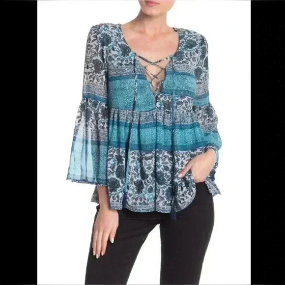 Show Me Your MuMu Poet Tie Tassel Floral Boho Blue Blouse Size Medium - Picture 1 of 13